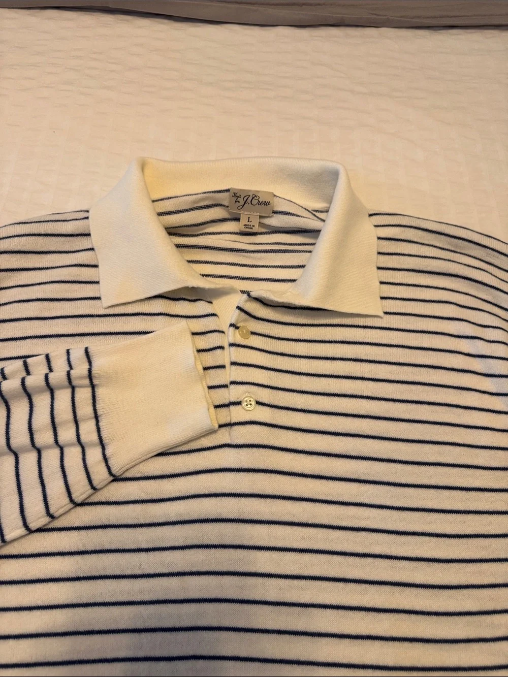 Men’s J.Crew L Striped Long-Sleeve Polo in White with Navy and Burgundy Accents